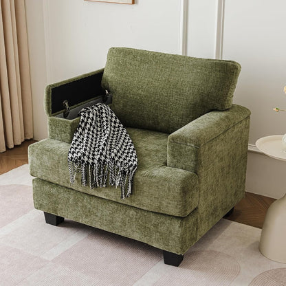 Oversized Accent Chair with Armrest Organizer,Comfy Living Room Chairs with 7.8'' Cushion,Upholstered Mid-Century Armchair,Large Reading Chair for Bedroom Living Room,Office,Chenille,Green