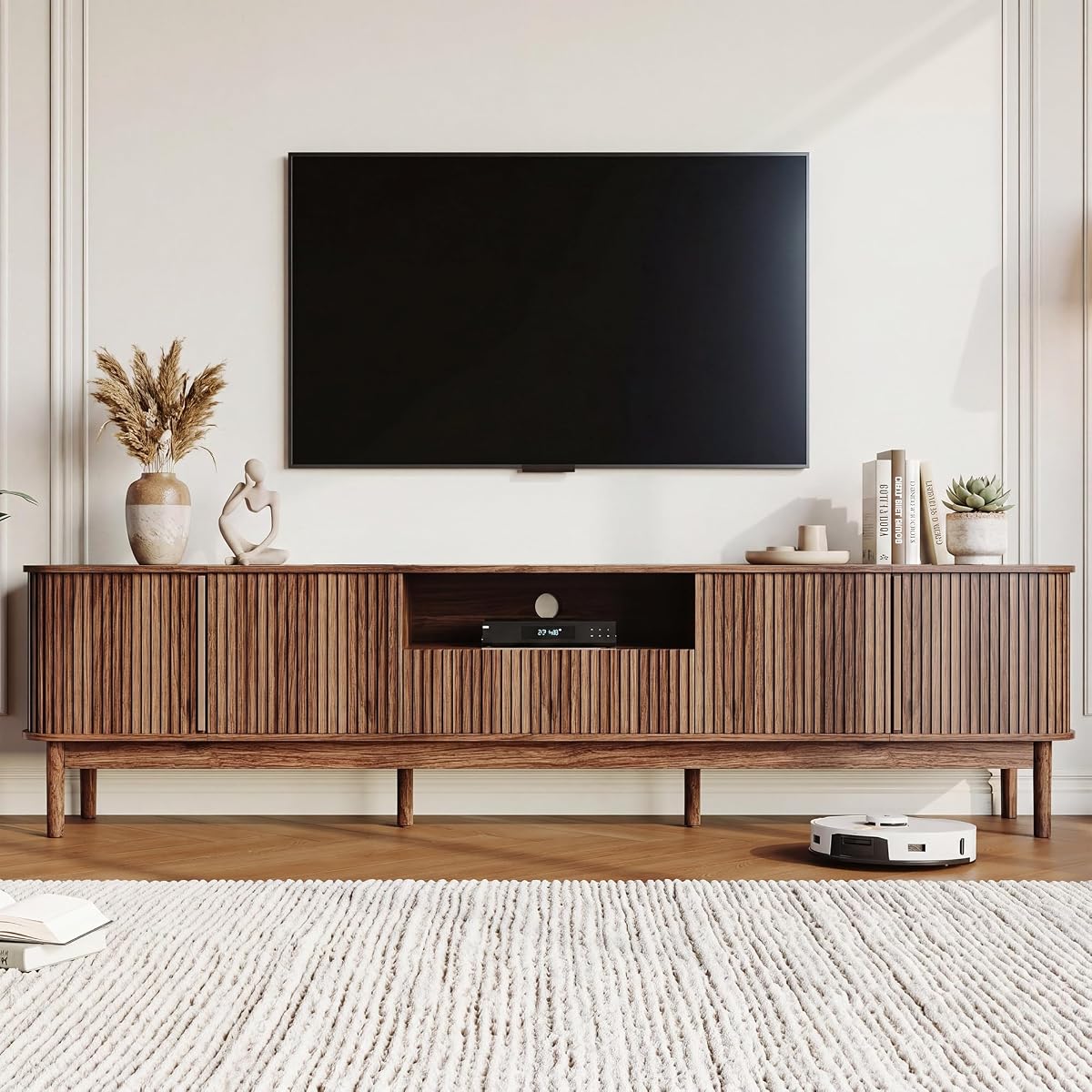 86in Fluted Walnut TV Stand for 85 Inch TV, Mid Century Media Console Table