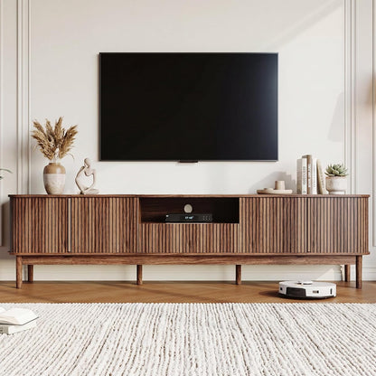 86in Fluted Walnut TV Stand for 85 Inch TV, Mid Century Media Console Table