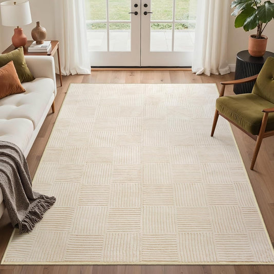 Soft Washable Area Rugs 5x7, 3D Modern Grid Design Rugs for Living Room, High-Low Pile Textured Non Slip Fuzzy Shag Carpet, Non-Shedding Stain Resistant Beige Carpet for Bedroom, Dining Room