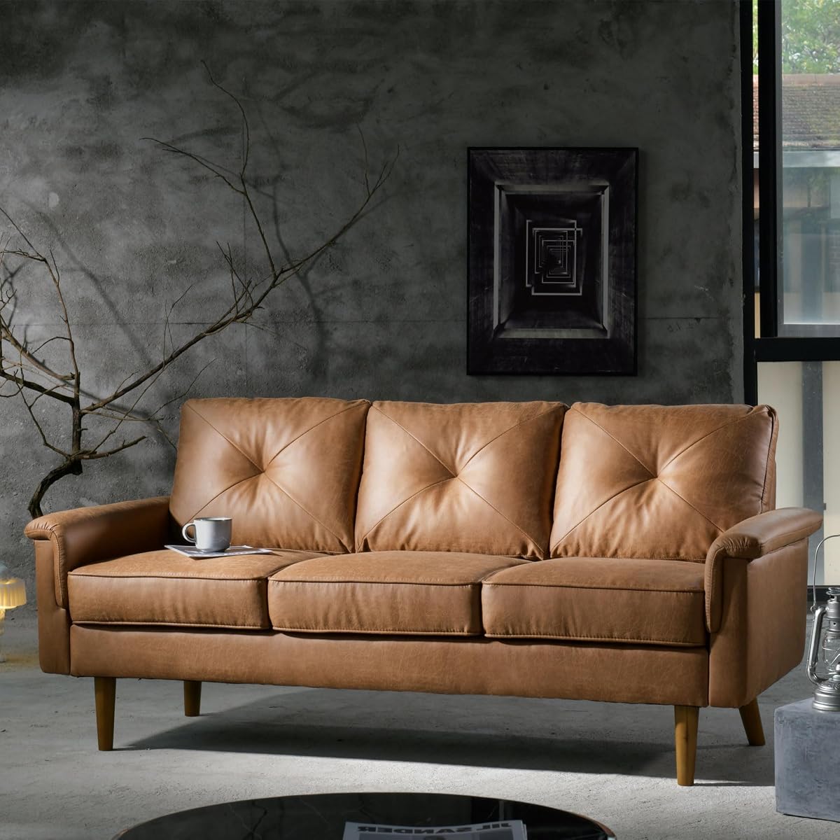 72'' 3-Seater Deep Seat Sofa Couch, Mid-Century Modern Couches, Brown Faux Leather Small Couch for Apartment, Living Room, Bedroom(Light Brown)