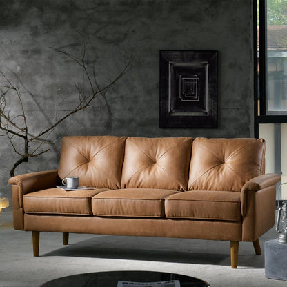 72'' 3-Seater Deep Seat Sofa Couch, Mid-Century Modern Couches, Brown Faux Leather Small Couch for Apartment, Living Room, Bedroom(Light Brown)