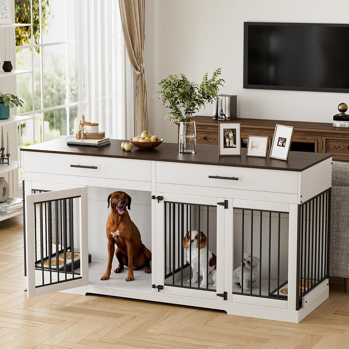 72" Double Dog Crate Furniture for Medium Large Dogs, White
