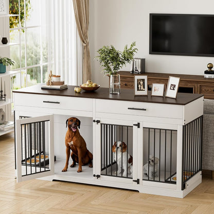 72" Double Dog Crate Furniture for Medium Large Dogs, White