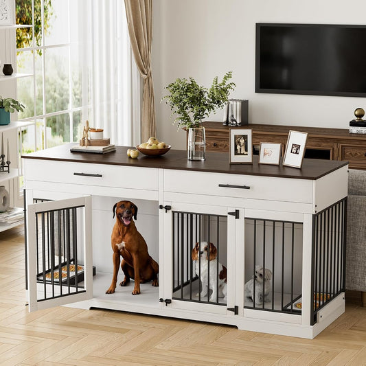 72" Double Dog Crate Furniture for Medium Large Dogs, White