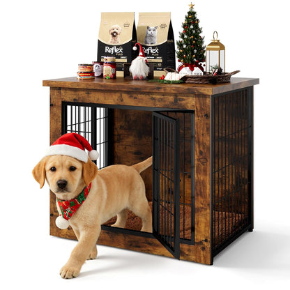 Wooden Dog Crate Furniture with Thick Cushion, Indoor Side Table Dog Kennel
