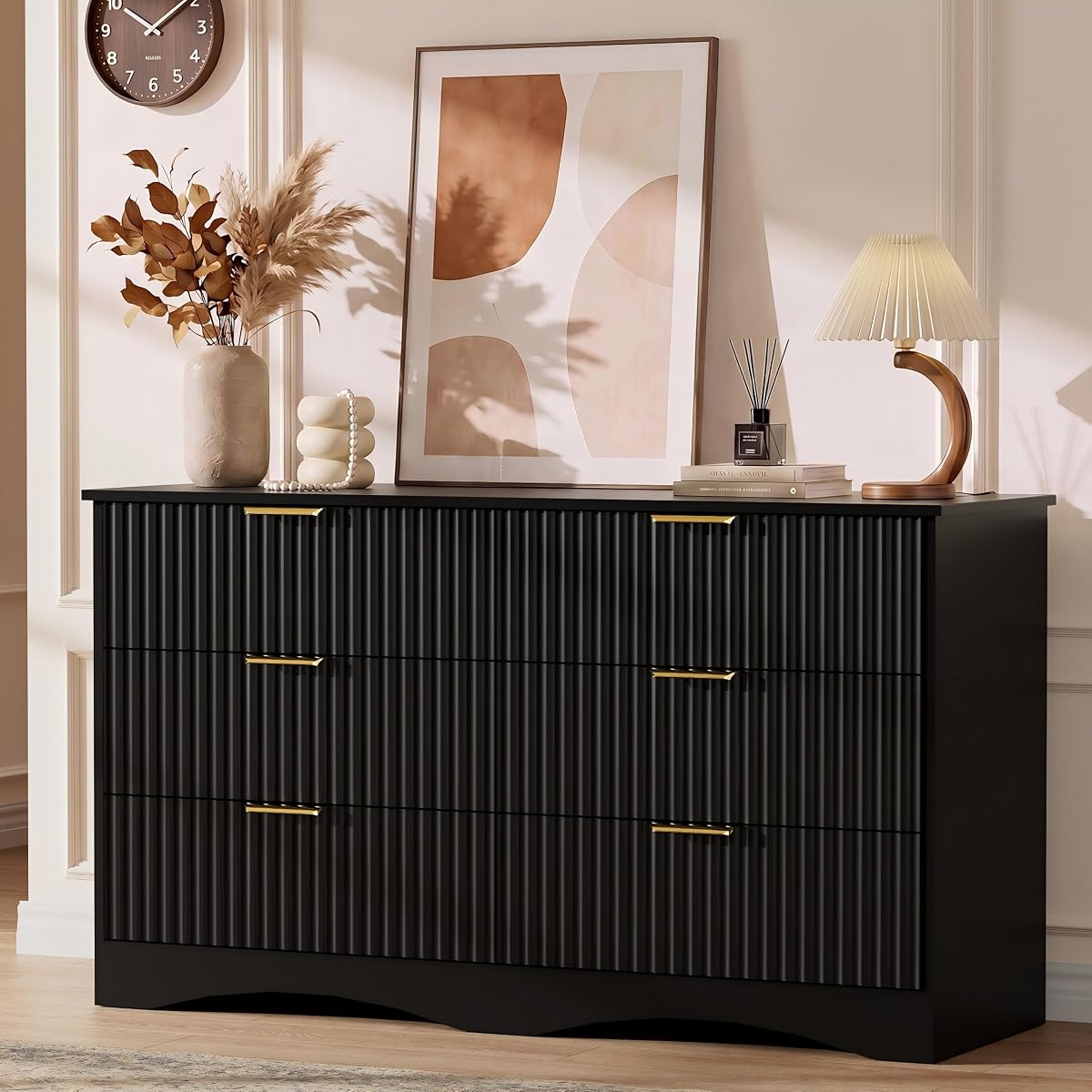 Bedroom Dresser, 47.2" Fluted Wood Dressers, 6 Drawer Dresser