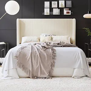 Queen Corduroy Platform Bed with Tufted Wingback Headboard/Cream, view 2