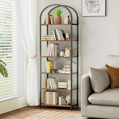 6-Tier Bookshelf Arched Display Racks, Wood and Metal Bookcase, Tall Bookshelf, Industrial Display Standing Shelf Unit, for Home Office, Living Room, Bedroom, Bathroom, Rustic Brown