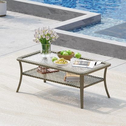 Outdoor Coffee Table with Storage Wicker Patio Coffee Table, All-Weather Tempered Glass Top Coffee Table for Patio Furniture Set for Balcony, Garden, Deck, Backyard, Black