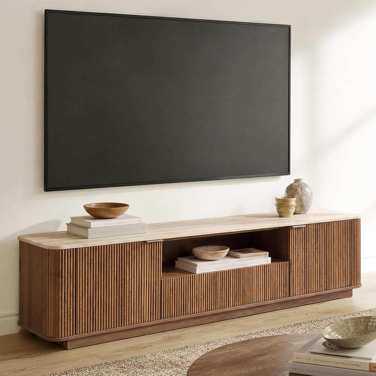 70" Mid-Century Modern Fluted TV Stand, 2 Drawer, Cabinet, Walnut
