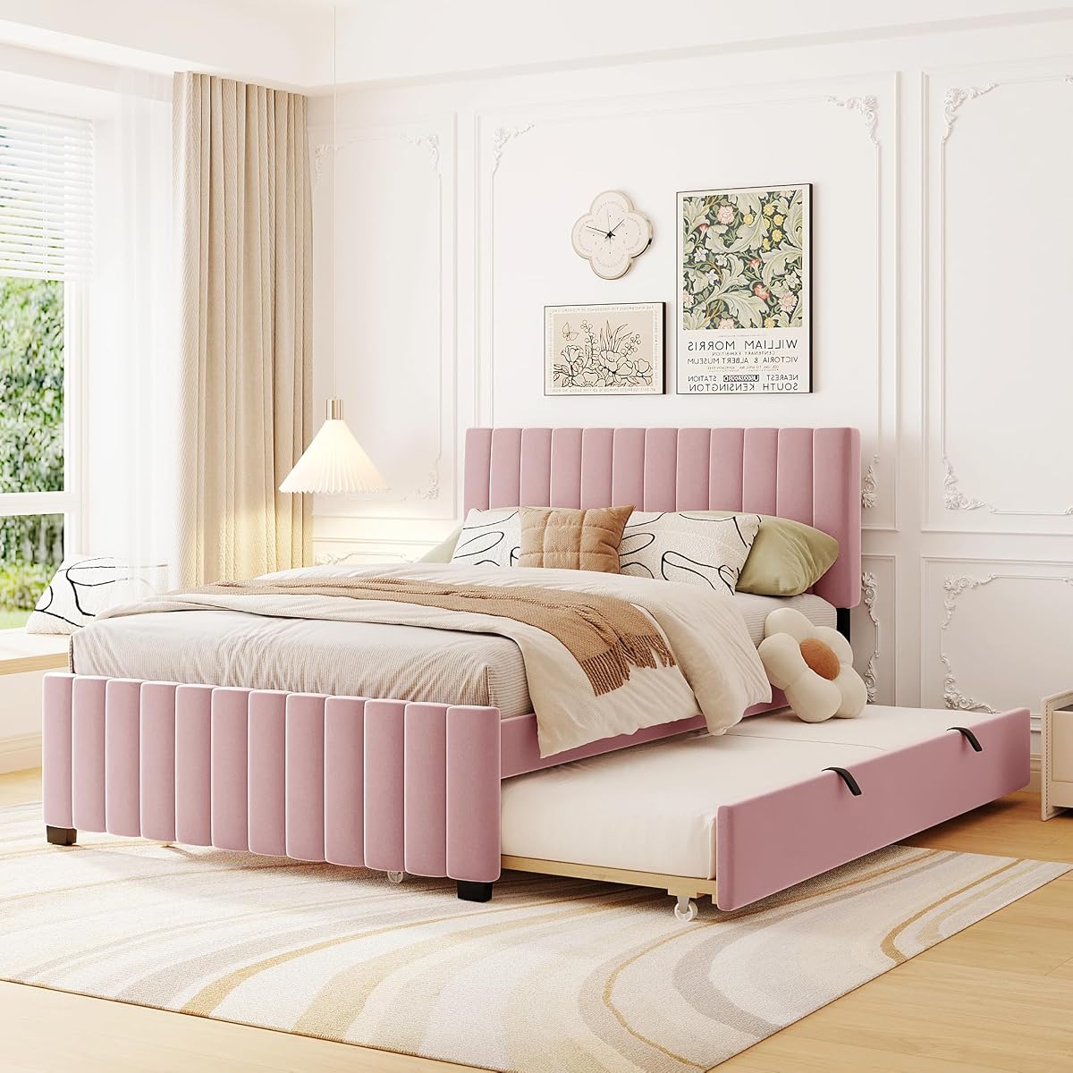 JIVOIT Velvet Fabric Upholstered Platform Bed, Full Size Platform Bed with Twin Size Trundle, Upholstered Headboard and Wood Slats Support for Teens (Pink/Full,486)