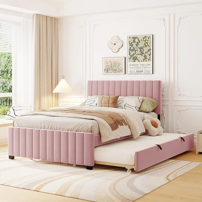 JIVOIT Velvet Fabric Upholstered Platform Bed, Full Size Platform Bed with Twin Size Trundle, Upholstered Headboard and Wood Slats Support for Teens (Pink/Full,486)