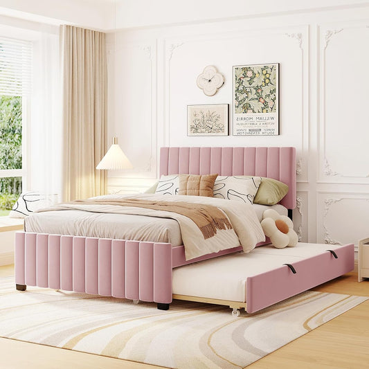 JIVOIT Velvet Fabric Upholstered Platform Bed