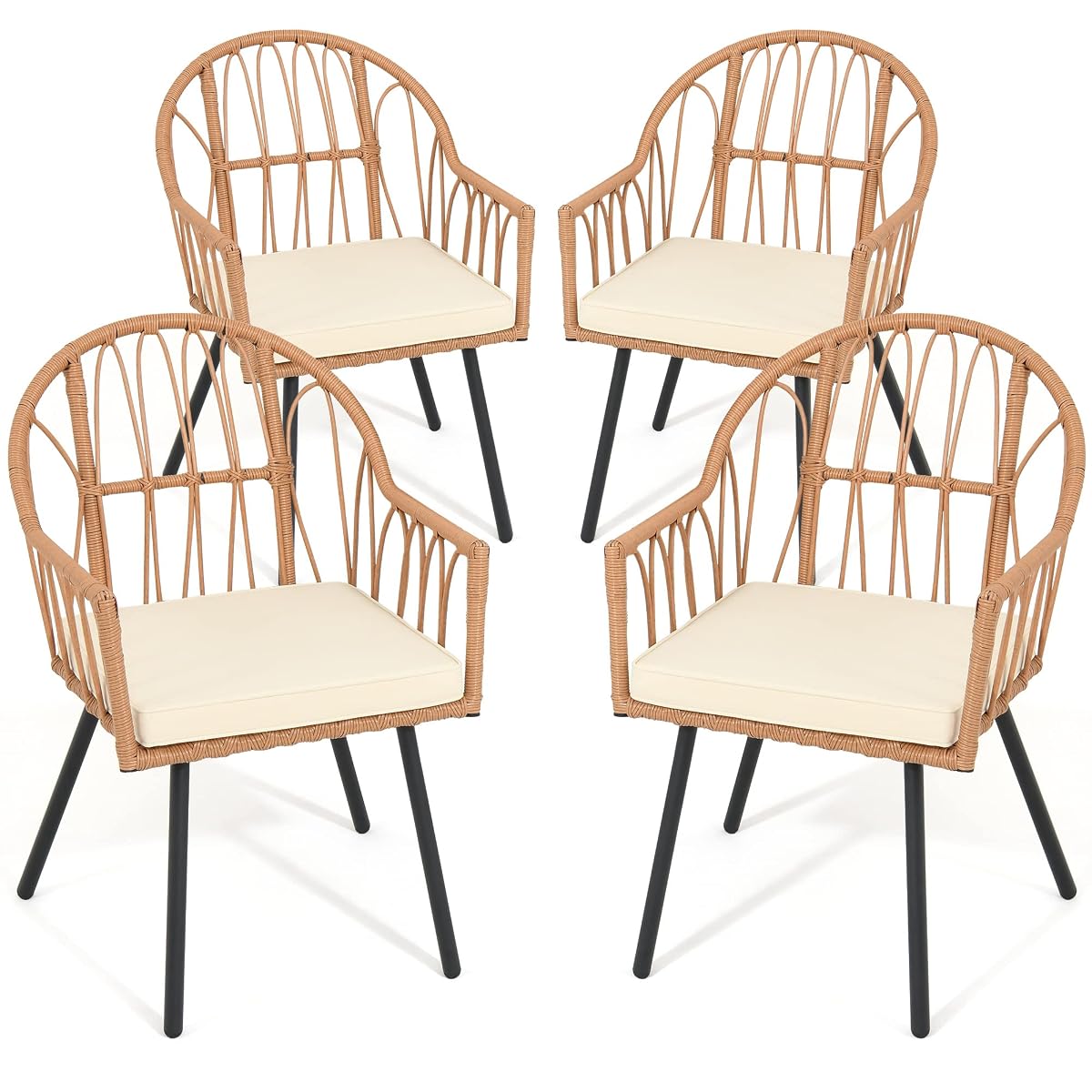 4 Pieces Rattan Wicker Dinning Chairs, Outdoor Indoor Patio Furniture Set with Cushion and Curved Back All Weather Bistro Chair for Garden Backyard Porch Poolside Restaurant (Beige)