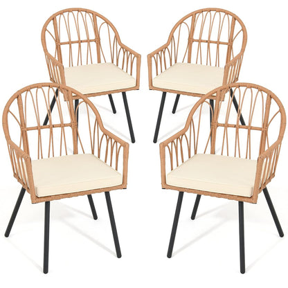 4 Pieces Rattan Wicker Dinning Chairs, Outdoor Indoor Patio Furniture Set with Cushion and Curved Back All Weather Bistro Chair for Garden Backyard Porch Poolside Restaurant (Beige)