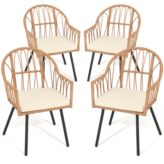 4 Pieces Rattan Wicker Dinning Chairs, Outdoor Indoor Patio Furniture Set with Cushion and Curved Back All Weather Bistro Chair for Garden Backyard Porch Poolside Restaurant (Beige)