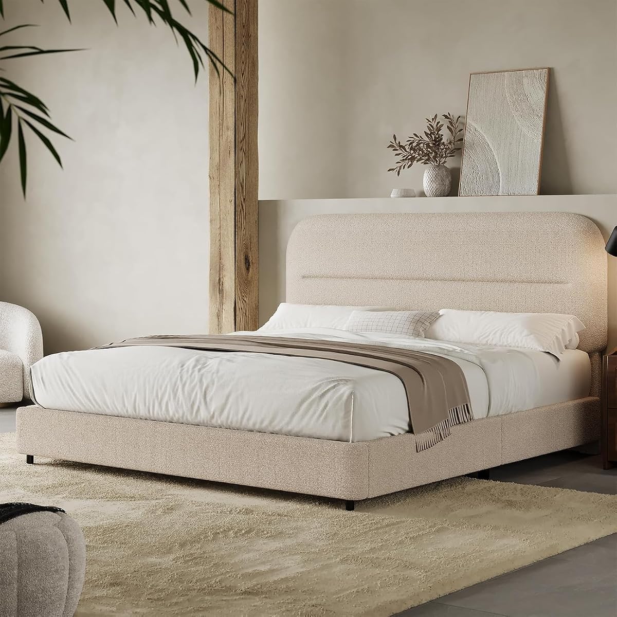 Queen Size Cloud Bed Frame, Beige Plush Boucle Upholstered Bed