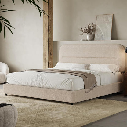 Queen Size Cloud Bed Frame, Beige Plush Boucle Upholstered Bed