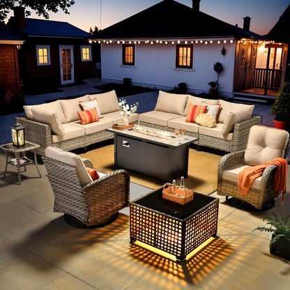Outdoor Patio Furniture Set with Fire Pit Table,11 Pieces Wicker Out Door Sectional Furniture L Shaped Couch,Outside Patio Conversation Sets Swivel Chair,Beige