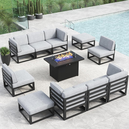 Large Aluminum Patio Furniture Set with Fire Pit Table, 11 Pieces Modern Outdoor Conversation Set Sectional Metal Sofa Set with Olefin Cushion