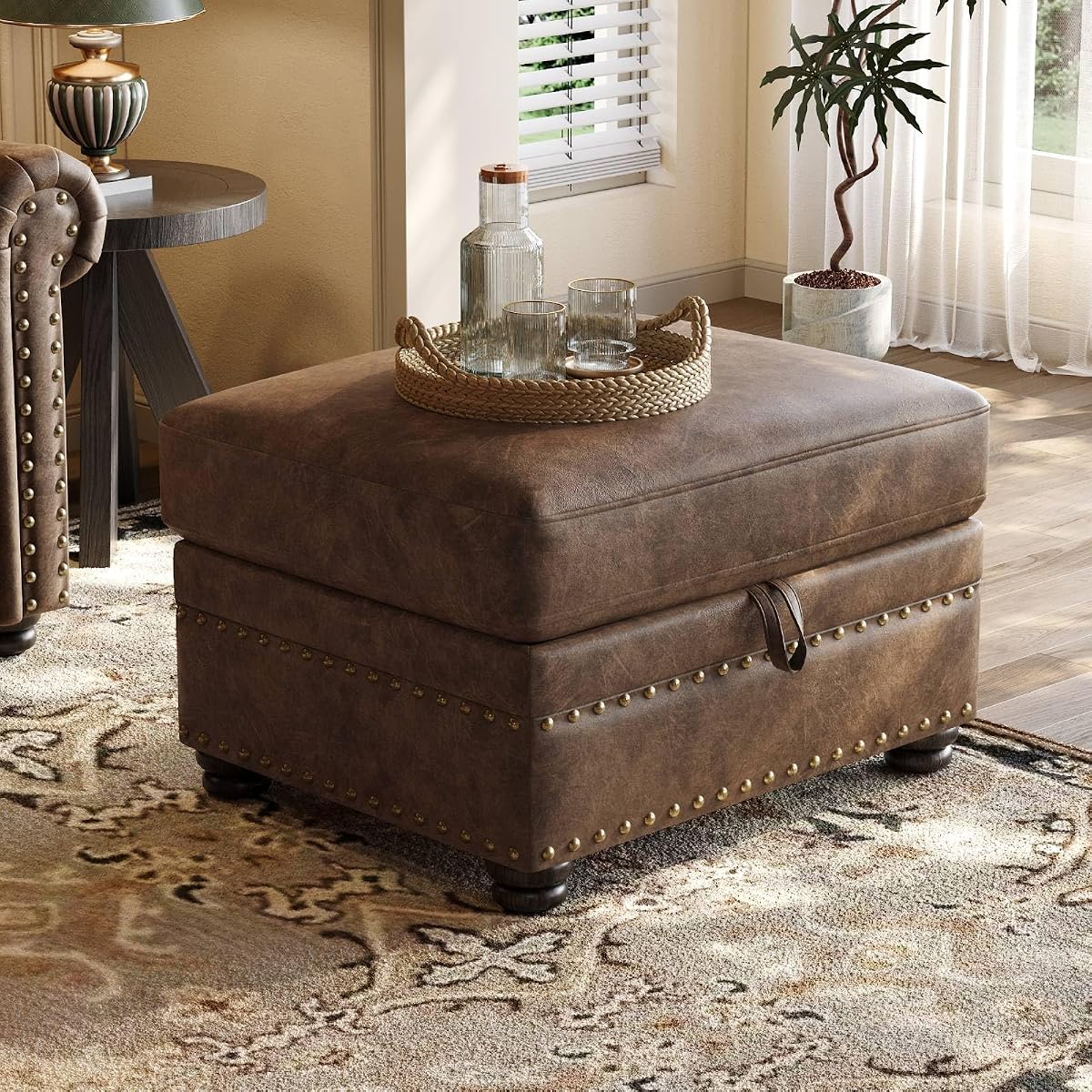 Faux Leather Ottoman with Storage, Rectangle Ottoman Coffee Table with Nailhead Trim, Solid Wood Legs, Oversized Upholstered Footrest Stool for Living Room, Bedroom, Apartment, Brown