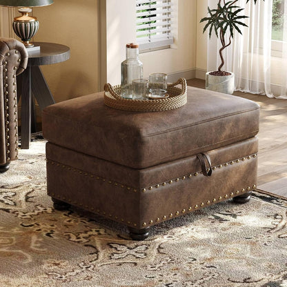 Faux Leather Ottoman with Storage, Rectangle Ottoman Coffee Table with Nailhead Trim, Solid Wood Legs, Oversized Upholstered Footrest Stool for Living Room, Bedroom, Apartment, Brown