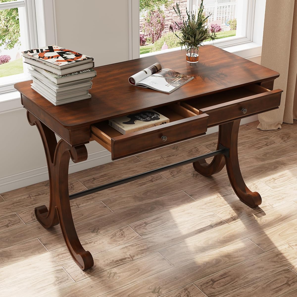 Traditional Wood Writing Desk with 2 Drawers, 47" Large Work Desk