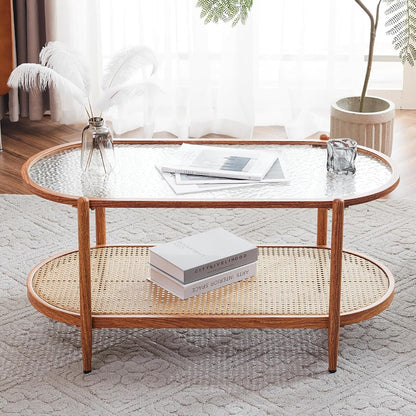 38" Rattan Oval Coffee Table, Water-Wave Glass Metal Center Table, Modern Coffees Table with 2-Tier Storage, Farmhouse Coffe Table for Living Room and Small Space, Natural Vibe
