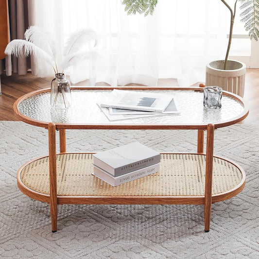 38" Rattan Oval Coffee Table, Water-Wave Glass Metal Center Table, Modern Coffees Table with 2-Tier Storage, Farmhouse Coffe Table for Living Room and Small Space, Natural Vibe
