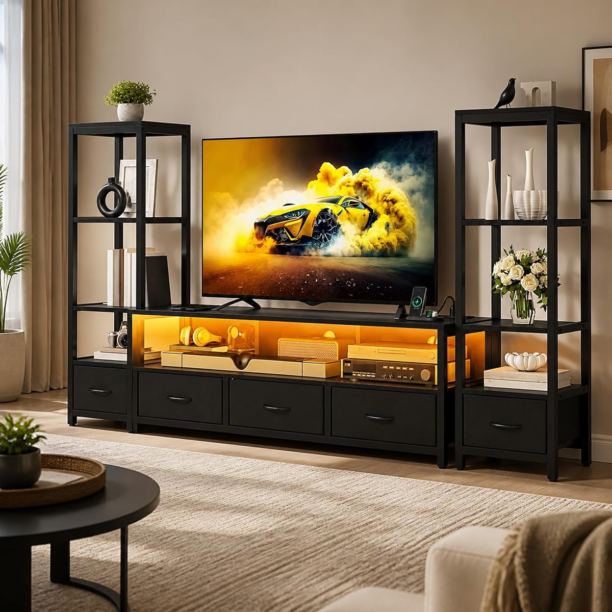 89.2" TV Stand, 5 Drawers & 2 Side Bookshelves, Black
