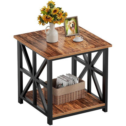 19.7 inch End Table with 2-Tier Storage Shelf for Living Room | Rustic Side Table for Bedroom,Sturdy X-shaped Metal Frame Nightstand,Scratch-resistant Sofa Table,Waterproof Top,Walnut