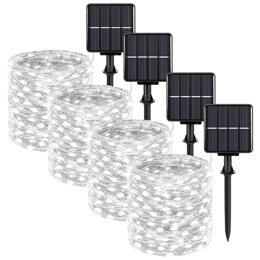 Extra-long 288FT 800 LED Solar Fairy String Lights, 4-Pack 72FT 200 LED Outdoor Twinkle Lights Waterproof 8 Lighting Modes Cool White Silver Wire Lights for Deck Backyard Tree Garden Fence Pool Party