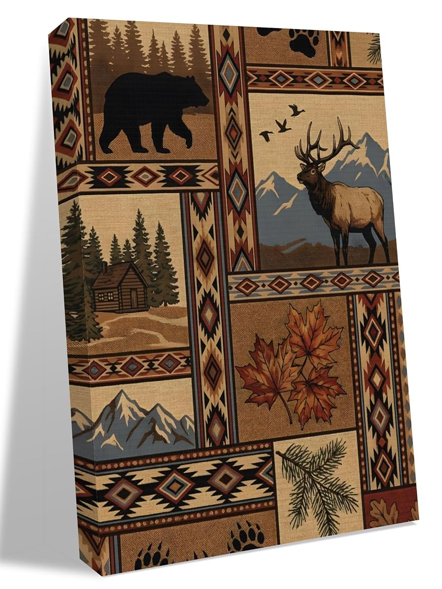 NuYeBiofx Rustic Elk Bear Mountain Forest Canvas Wall Art Prints,48"x32" Framed Picture Artwork Brown Buffalo Plaid Printed Canvas Oil Painting for Living Room Bedroom Office,Ready to Hang