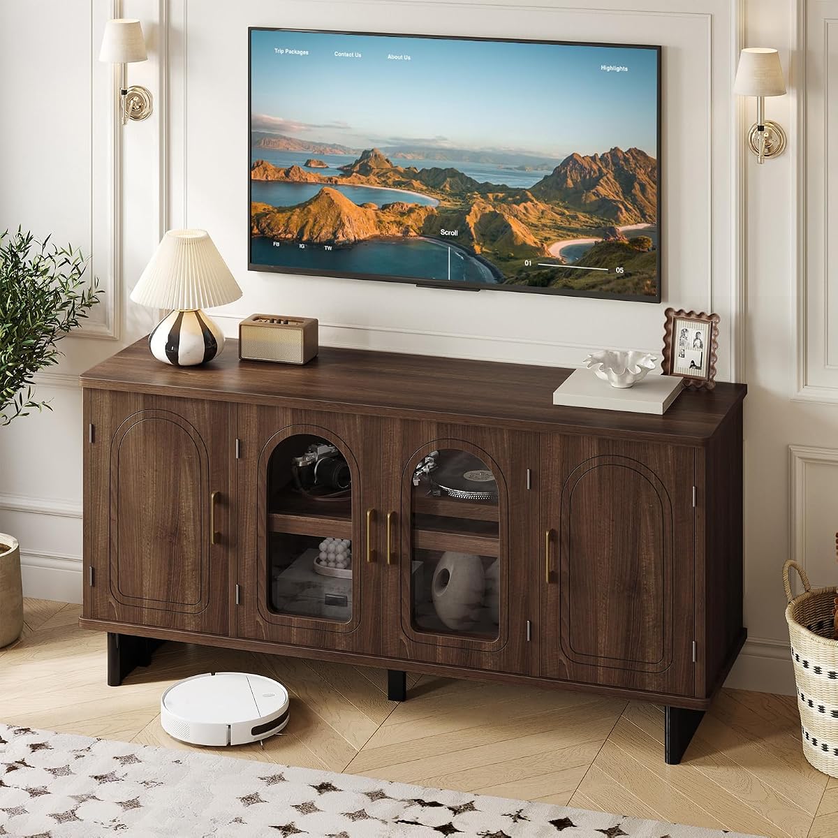 59" Mid-Century TV Stand with Arched Glass Doors, Walnut