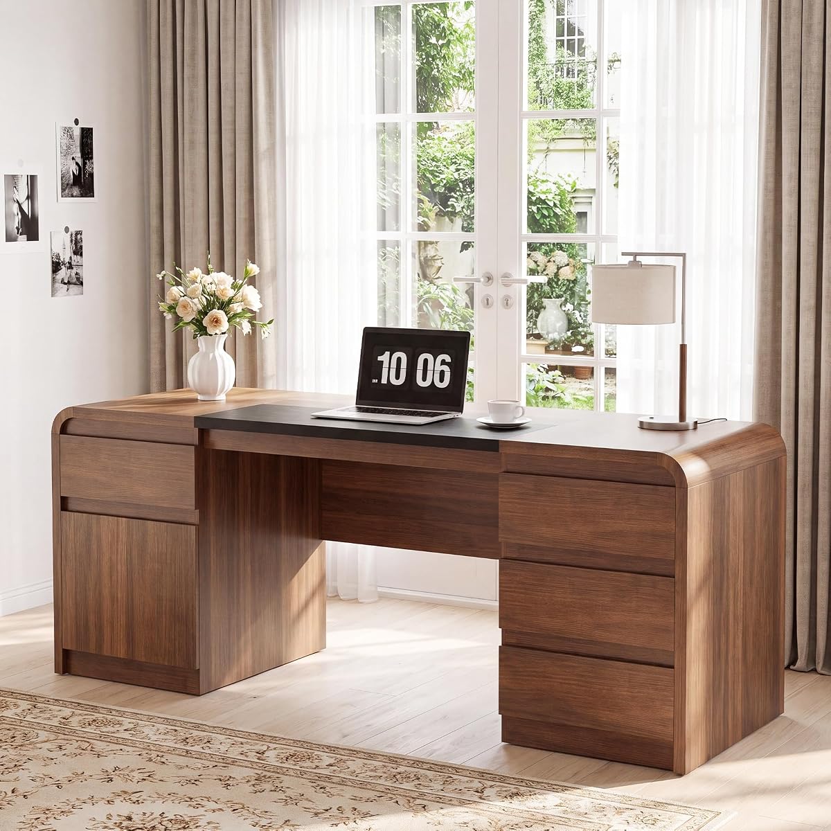 71" Walnut Executive Desk with Drawers, Home Office Desk with Storage