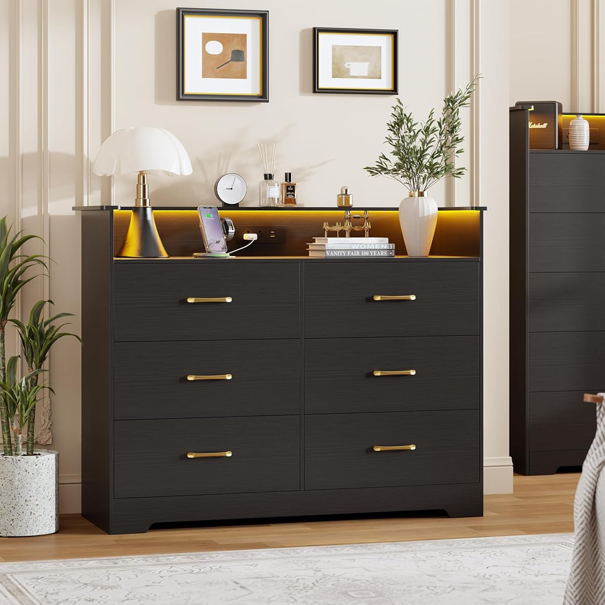 6 Drawer Dresser with LED Light and Charging Station, Black