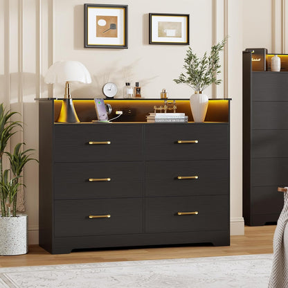 6 Drawer Dresser with LED Light and Charging Station, Black
