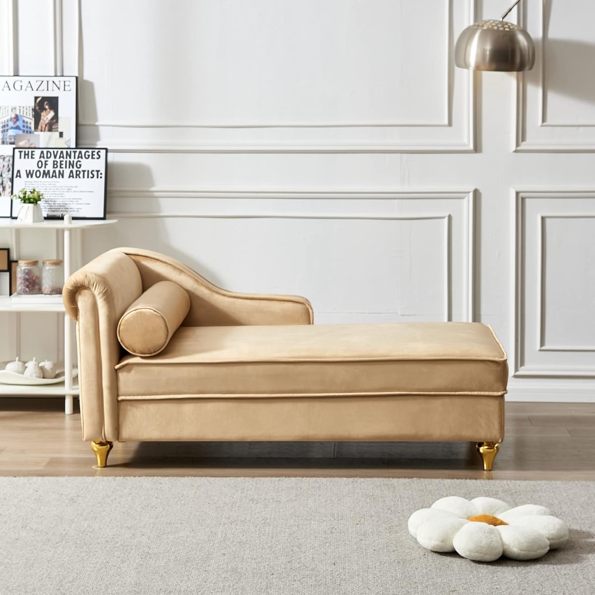 Modern Upholstery Chaise Lounge Chair with Storage, Velvet (Khaki) for Garden