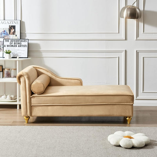 Modern Upholstery Chaise Lounge Chair with Storage, Velvet (Khaki) for Garden