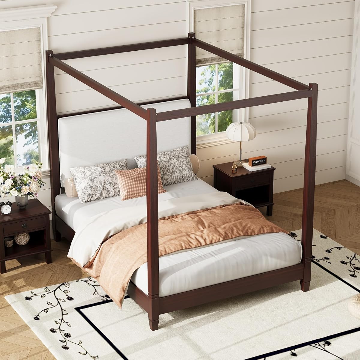 Queen Size Modern Upholstered Canopy Bed Frame