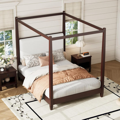 Queen Size Modern Upholstered Canopy Bed Frame