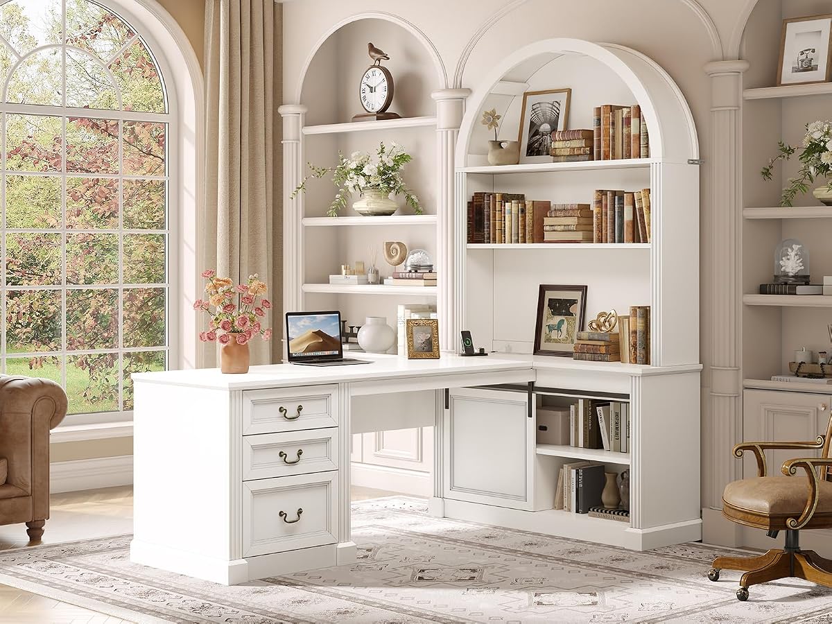 67" L Shaped Desk with Tall Arched Bookshelf & 3 Drawers Storage