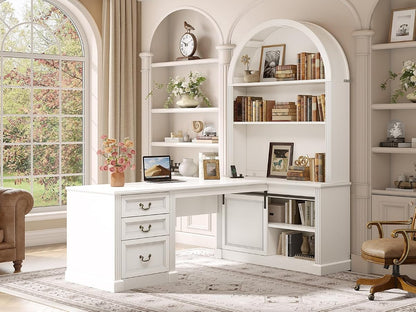 67" L Shaped Desk with Tall Arched Bookshelf & 3 Drawers Storage