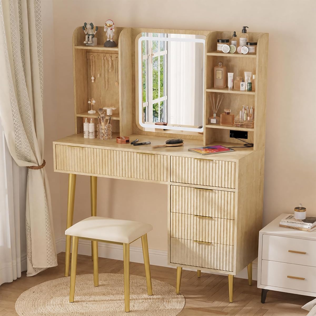Fluted Vanity Desk with Mirror & Lights, Jewelry Rack, Stool (Oak)