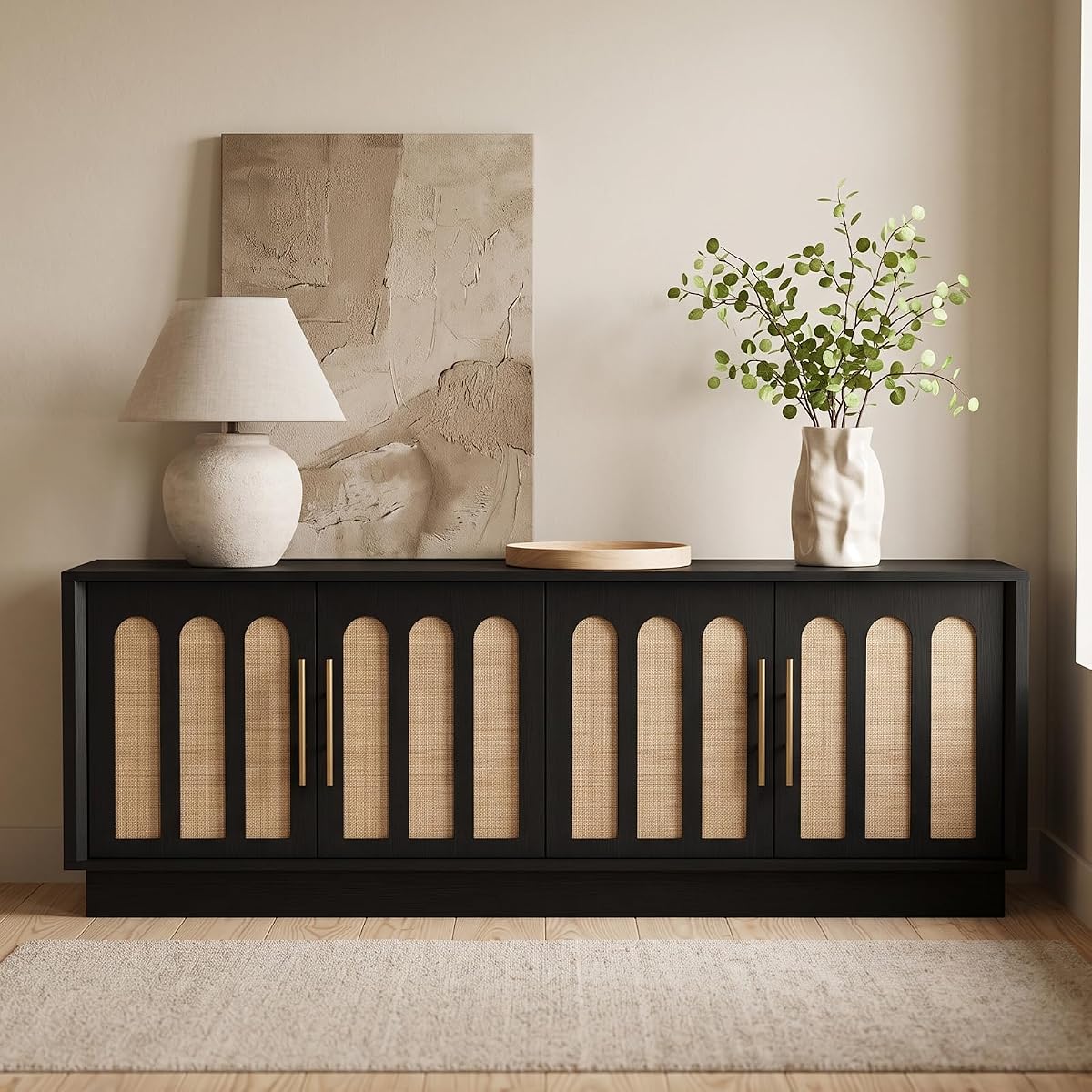 67" Arched Rattan Sideboard Buffet, 4 Door Adjustable Storage, Black