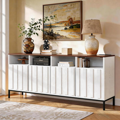 COCO DESIGN 70" Large Buffet Sideboard Cabinet with Power Outlets & Adjustable Shelves, Modern Farmhouse Accent Storage Credenza Console for Kitchen, Living Room, White