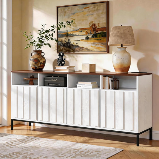 COCO DESIGN 70" Large Buffet Sideboard Cabinet with Power Outlets & Adjustable Shelves, Modern Farmhouse Accent Storage Credenza Console for Kitchen, Living Room, White