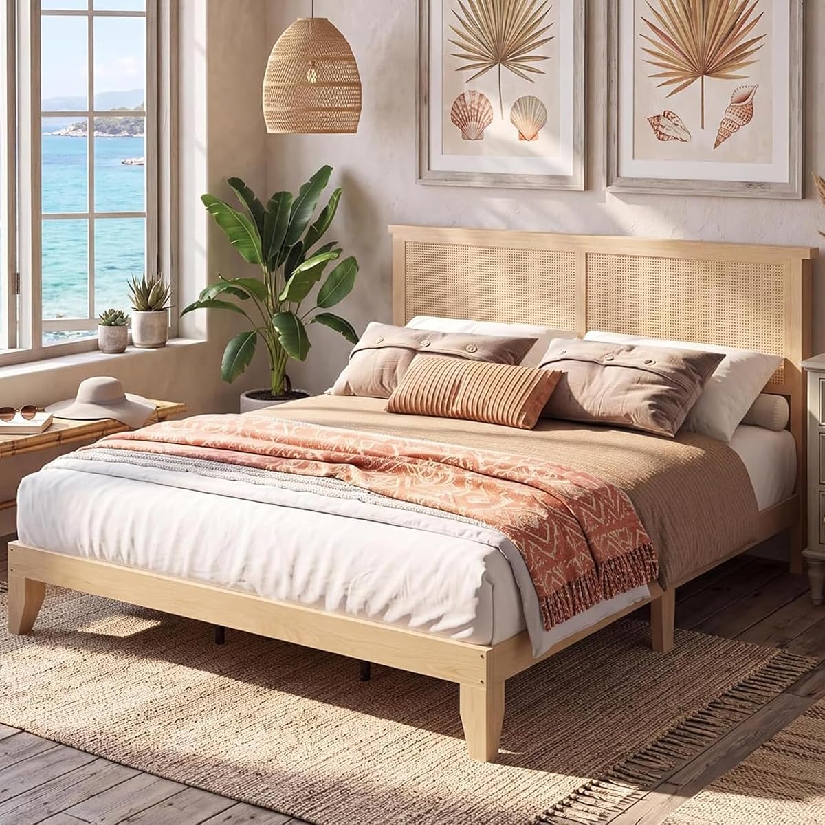 Full Size Wood Bed Frame with LED Light and Rattan Headboard