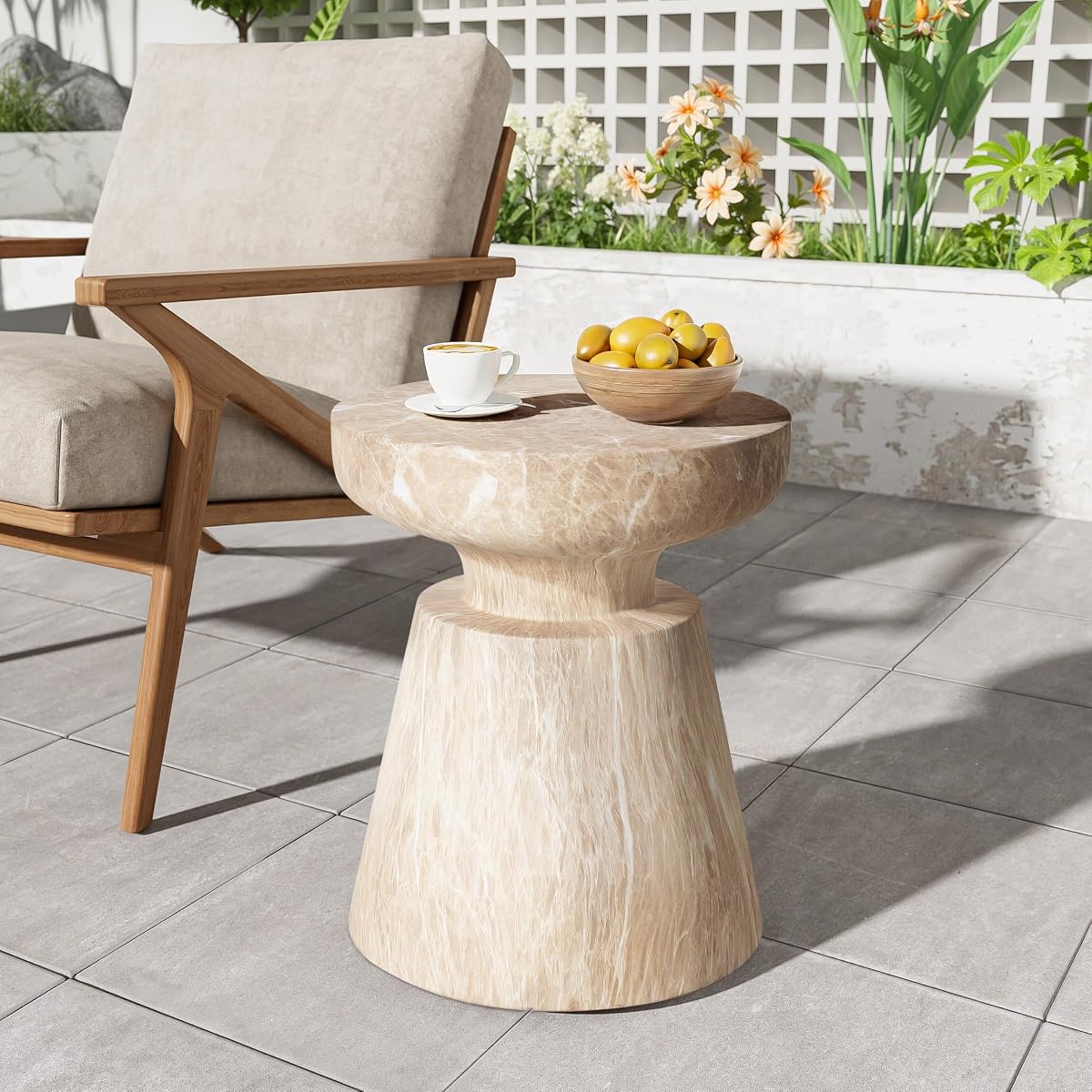 Jayme 15"Lightweight Concrete End Table, Indoor Outdoor Accent Side Table, Travertine Round Tabletop, Easy Move, Decorative Garden Stool for Poolside Balcony Living Room, Gold